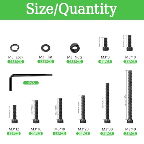 940PCS M3 Screws Assortment Kit, M3x8/10/12/16/18/20/30/40 mm Hex Socket Head Bolts, Nuts & Washers Assorted Set - 12.9 Alloy Steel Black Zinc Plated M3 Screw for 3D Printer,DIY - size: M3 x 8/10/12/16/18/20/30/40-940Pcs