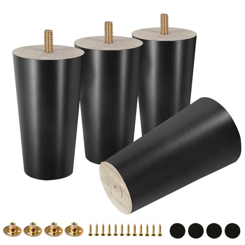FoDau770 Rubber Wood Legs 4", Straight Taper, 5/16"-18 Thread, Black, 4pcs | Wood Couch legs - Mid Century Sofa Legs - Furniture legs Replacement for Cabinet Dresser Chair Ottoman - color: Black, size: 4 Inch - Straight (90°)