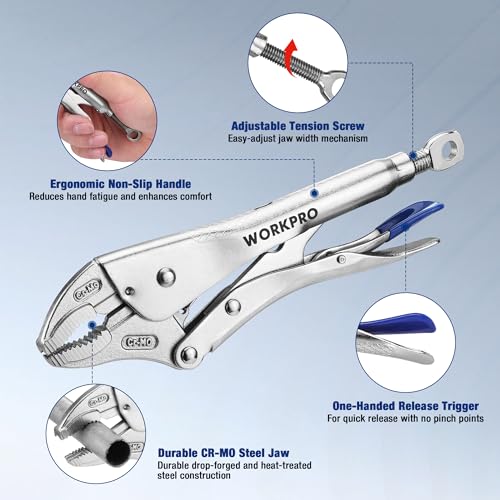 WORKPRO 5-Piece Locking Pliers Set, 5"/7"/10" Curved Jaw & 6.5"/9.5" Long Nose, CR-MO Steel Construction with Perforated Screw, Multipurpose Clamping Tool Kit for Automotive, Welding, and Home DIY