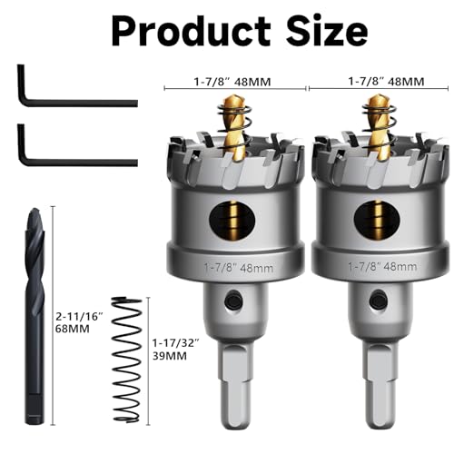 Metal Hole Saw 1-7/8''(48mm) 2Pcs Set Heavy Duty Tungsten Carbide Tipped Hole Cutters Set with a nitrided Step Drill and L-flench, for Steel Iron,Aluminum,Stainless stell,Plastic - size: 1-7/8''(48mm)-2PCS
