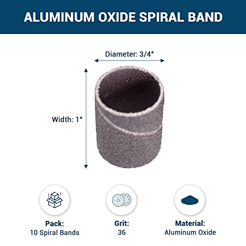 Benchmark Abrasives 3/4” x 1” Aluminum Oxide Abrasive Spiral Bands for Rotary Tools, Drum Sleeves for Sanding Deburring Blending Polishing on Metals Plastic Wood Rubber (10 Pack) - 36 Grit - style: 36 Grit