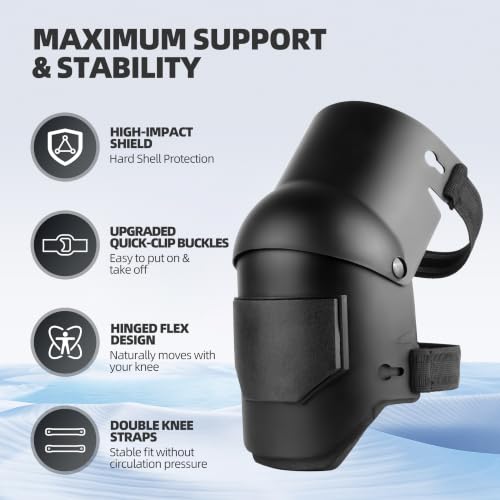 Professional Hard Shell Knee Pads for Men & Women - Flexible Protective Kneepads with Hinged Design & Quick-Clips - for Construction, Flooring, Roofing, Gardening - color: Black