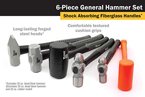 Titan 63136 6-Piece Hammer Set, Includes 16oz & 32oz Ball Pein, 32oz Rubber Mallet, 3lb Sledgehammer, 2lb Dead Blow & 3lb Cross Pein - style: 6pc Set Assorted