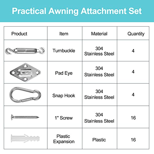 HOMPER Awning Attachment Set, Heavy Duty Sun Shade Sail Stainless Steel Hardware Kit for Garden Triangle and Square, Rectangle, Fixing Accessories