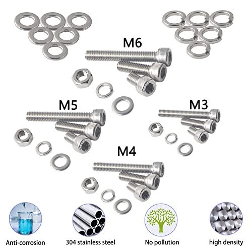 newlng Screws and Nuts M3 M4 M5 M6 Bolts and Nuts kit 520pcs 304 Stainless Steel Metric Hex Socket Head Cap Machine Screws Flat Washers Spring Washers Assortment Kit - size: E M3456