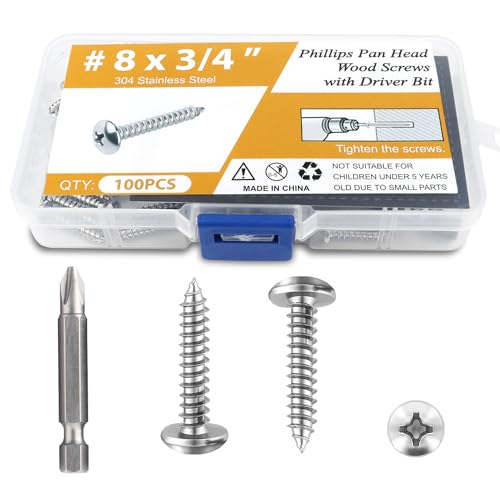 100PCS #8 x 3/4" Wood Screws, Pan Head Stainless Steel Sheet Metal Screws, Fast Self Tapping Screws for Deck Drywall Concrete Screws with Screwdriver Bit - style: Silver #8X3/4" Pan Head 100PCS