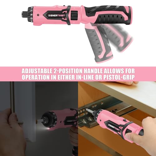 Enertwist Electric Screwdriver, 8V Max 10Nm Pink Cordless Screwdriver Rechargeable Set with 9 Accessory Kit, 21+1 Cluth, Dual Position Handle, LED Light - style: 9PCS 8V PINK