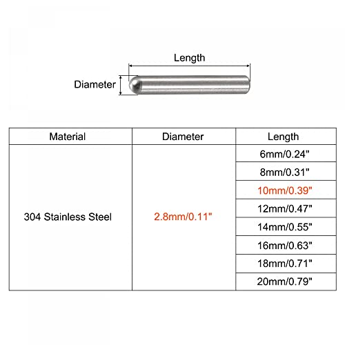 uxcell 2.8x10mm Dowel Pins, 50pcs 304 Stainless Steel Round Head Flat Chamfered End Dowel Pin Bunk Bed Pins Shelf Pegs Support Shelves Fasten Elements - size: 2.8x10mm