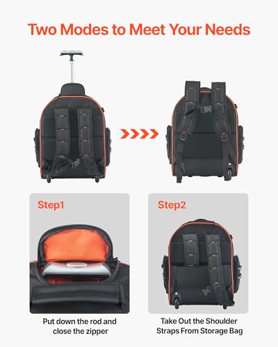 VEVOR Rolling Tool Backpack, 110 lbs Load Capacity, 45 Pockets Heavy Duty Roller Tool Bag on Wheels, Adjustable Telescoping Handle & Stable Base, Toolbag Organizers for Construction, Mechanic - style: Tool Backpack