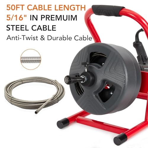 PIONEERWORKS 50Ft x 5/16 Inch Drain Cleaner Machine, Electric Drain Auger Professional for 3/4 to 3 Inch Pipes, Foot Switch with 6 Cutters, Glove, Drain Auger Cleaner Sewer Snake - DA04