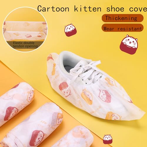 50 Pairs Disposable Shoe Covers, Kids Cat Print with Double Elastic Cuffs