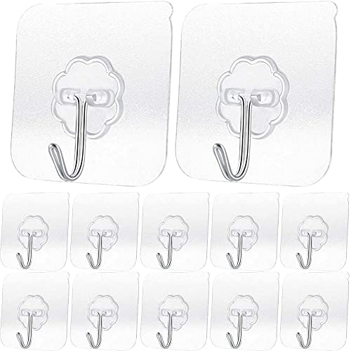 Transparent Adhesive Hooks 30 lb(Max), Waterproof and Oilproof Reusable Seamless Hooks, Heavy Duty Wall Hook for Kitchen Bathroom Office (8 Pack) Transparen
