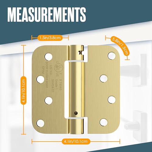 Self Closing Door Hinges, Spring Hinge Door Closer, 5/8” Radius Corner - color: Satin Brass Finish, size: 4 Inch, 5/8 Radius