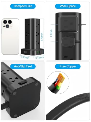 10FT Power Strip Tower Surge Protector, 12 Wide Spaced Outlets, 4 USB - color: Black, size: 10FT without Wireless Charging