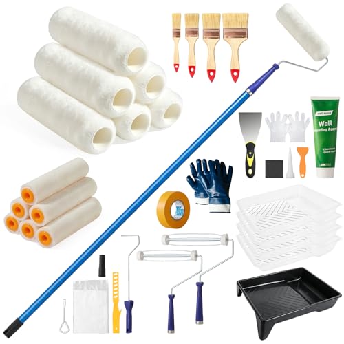 Paint Roller Kit with Long Paint Roller Extension Pole, 37 PCS Wall Painting Supplies with Paint Brushes for Walls, Superabsorbent 9-Inch & 4-Inch Paint Roller Covers, Wall Repair Paste - size: 4ins&9ins