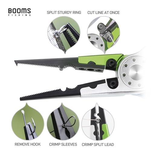 Booms Fishing X1 Aluminum Fishing Pliers Saltwater, Surf Fishing Tackle Kit, Fishing Multitool Hook Remover Braided Fishing Line Cutting and Split Ring with Coiled Lanyard and Sheath - color: Green&silver