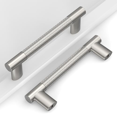 Brushed Nickel Knurled Cabinet Handles Kitchen Pulls 3.75 Inch 10 Pack - color: Brush Satin Nickel, size: 3.75" Hole Center