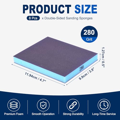8Pcs 280Grit Double-Sided Sanding Sponges, Washable & Reusable - size: 280Grit