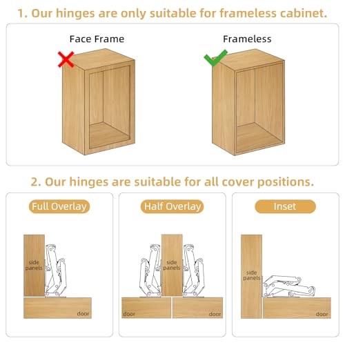 Furniware 2 Pair 170 Degree Frameless Soft Close Cabinet Hinges, Heavy Duty Hidden Hydraulic Lazy Susan Hinges Concealed for Corner Cabinet, Crawlspace Trap Door, Wardrobe(No Cup Grooving) - size: 170 Degree