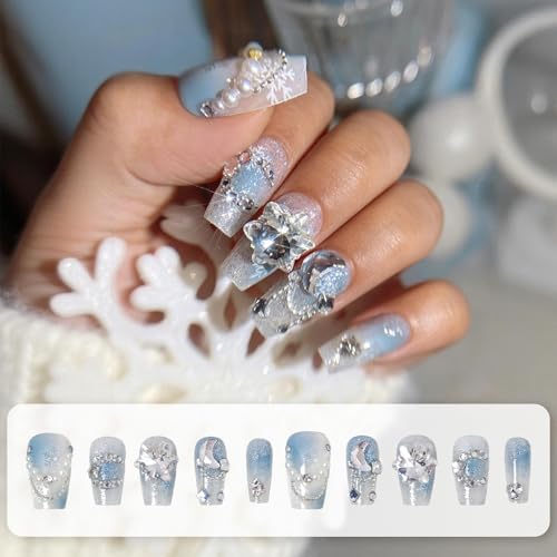 3D Press on Nails Almond - Medium French Tip Fake Nails with Embossed Moon&White Bead Designs, Glossy Finish Reusable False Nails for Women Manicure(3D Embossed design 23） - color: 3D Embossed design 23