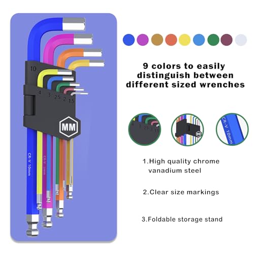 9 PCS Allen Key Set Metric Allen Wrenches Set Long Arm Ball End Hex Key Wrench Set 1.5 to 10mm - size: 9PCS Metric