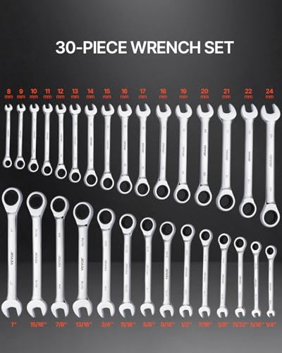 VEVOR Ratcheting Wrench Set, 30-Piece Combination Wrench Set, 72 Teeth - color: Silver 30pcs, size: Metric&SAE