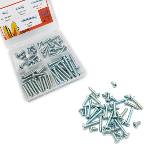 60 Pcs 4 Sizes #8-32 Machine Screws Knob Screws Cabinet Electricians Screws, Carbon Steel Zinc-Plated Phillips Pan Head Machine Screws Assortment Kit - size: #8-32-4Size-60P
