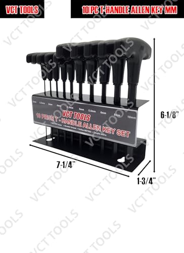 VCT 10pc T-Handle Hex Allen Key Wrench Set Metric MM 2, 2.5, 3, 4, 4.5, 5, 5.5, 6, 8,10mm W/Holder