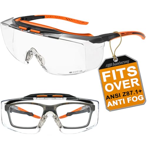 HTS HUNTERSKY ANSI Z87.1+ Anti Fog Fit Over Eyeglasses Safety Glasses Up to 1.88 inch 99.9% UV Protection OTG Lab Goggles - color: 3906c Black-orange / Clear Lens