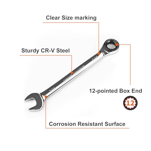 Egofine 7/16 inch Ratcheting Combination Wrench SAE, Industrial Grade Gear Spanner with 12-Point Design, 72-Tooth Ratchet, Chrome Vanadium Steel - size: 7/16"