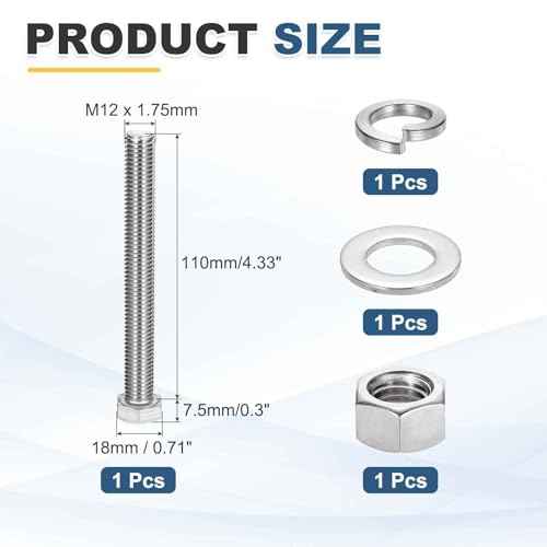 MECCANIXITY M12 x 110mm 304 Stainless Steel Hex Head Screws Bolts, Nuts, Flat & Lock Washers Assortment Kit, Fully Threaded, Bright Finish for Home, Electronic, Machine, 1 Sets - size: M12 x 110mm