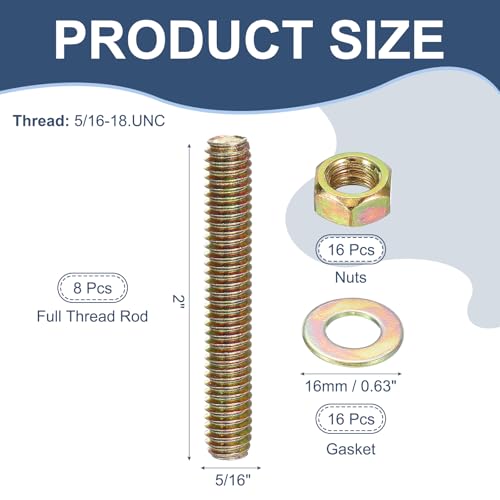 PATIKIL 5/16" x 2" Color Zinc Fully All Thread Rod, 8 Pcs Carbon Steel Long Threaded Screw Stud Bolts for Furniture Garden Mounting Assembly Fastening - size: 5/16" x 2"