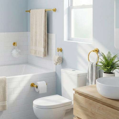 5 Piece Brushed Gold Bathroom Hardware Set, 24 Inch Bathroom Hardware Set Towel Racks for Bathroom, SUS304 Stainless Steel Wall Mounted Bath Towel Bar Set - color: E-24 Brushed Gold
