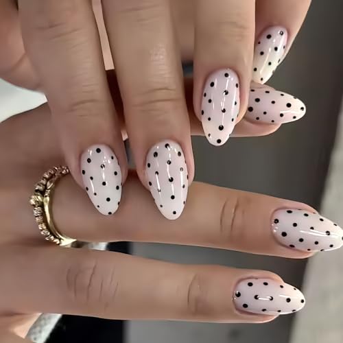 White Medium Short Almond Press On Nails, Black Polka Dots, 24PCS - color: 56-Dots Charm