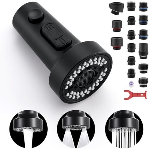 TIORIY Kitchen Faucet Head Replacement Black, with 15 Adapters Plastic Pull Down Faucet Spray Head, 3 Modes Pull Out Kitchen Sink Sprayer Nozzle, Matte Black - color: Matte Black, style: Blade Spray