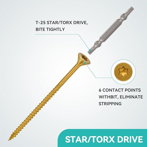 Wood Screws Yellow #10 × 2-1/4 inch Torx Star Drive Deck Screws Flat Head M5 × 60 Countersunk T25 Self Tapping Thread Cut 50pcs Carbon Steel Galvanized (50PCS/Small Box Yellow) - color: Yellow, size: #10×2-1/4