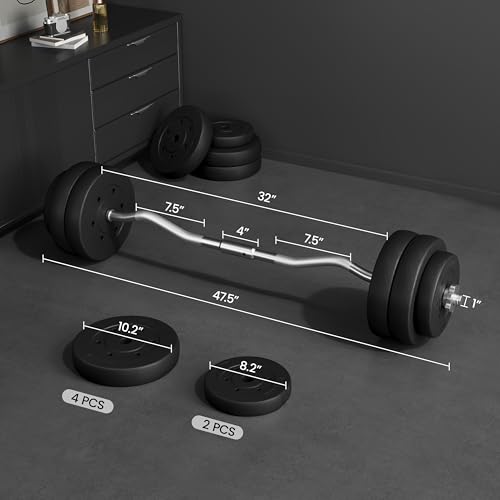 Yaheetech Curl Bar with Weights Adjustable W-Shaped Barbell Home Gym Set | Knurled iron bar with concrete-filled hdpe plates, star locks adjust weight for compact, gym-free strength training at home - size: 66 lbs