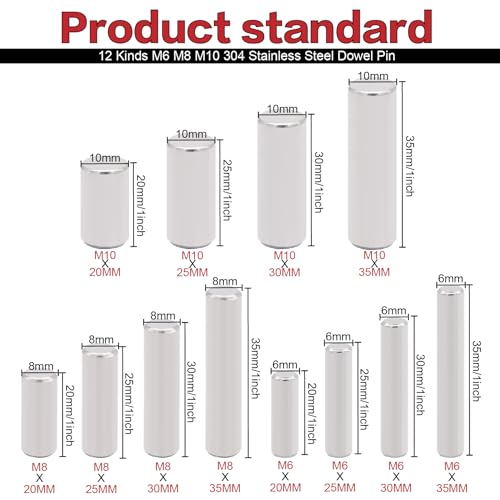 120Pcs 12 Kinds M6 M8 M10 304 Stainless Steel Dowel Pin Cylindrical Shelf Support Peg Pin Rod Fasten Elements Assortment Kit - size: M6/M8/M10