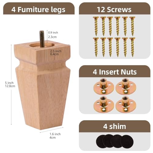 Unfinished Oak Sofa Legs-Heavy Duty Mid Century Solid Wood Replacement Furniture Legs Set of 4 for Couch, Table, Bench, Bed, Dresser, Chair - with Installation Hardware (Natural 5" H*2.5" W) - color: Plain Wood Color, size: 5"H*2.5"W