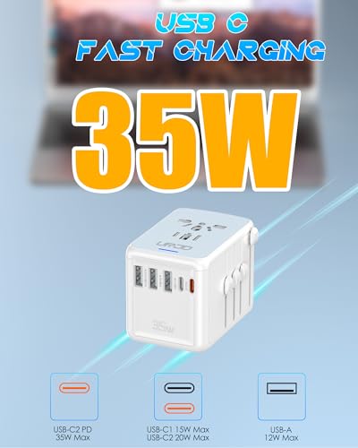 Universal Travel Adapter, 35W PD Fast Charging, 5 USB C/A Ports - color: PD35W-3A2C-white