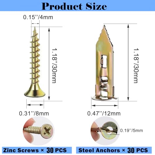 60PCS 0.47x1.18 inch Self-Drilling Anchors, Ancors and Screws for Heavy Duty, Metal Screw Anchors Kit, No Drill and Holes in Wall - size: 60PCS--0.47x1.18inch