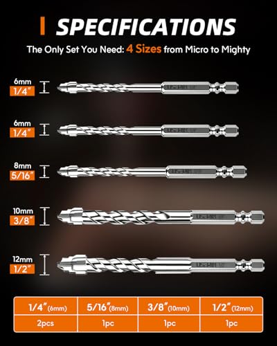 5 Pack Serrated Drill Bit Set for Tiles, Professional Carbide Tip 1/4" to 1/2", Thin Metal, Brick, Plastic and Wood