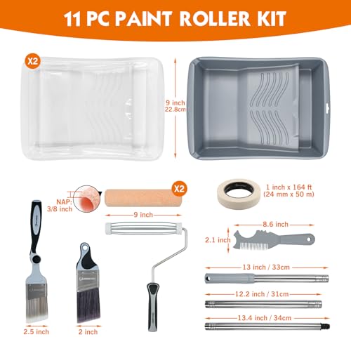 ROLLINGDOG 9 Inch Paint Roller Kit with Extension Pole - color: 11 pc paint roller kit with masking tape