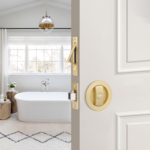 EHOMEWARE 1 Pack Gold Pocket Door Hardware with Edge Pull, Satin Brass - color: Satin Brass, size: Privacy + Pull A