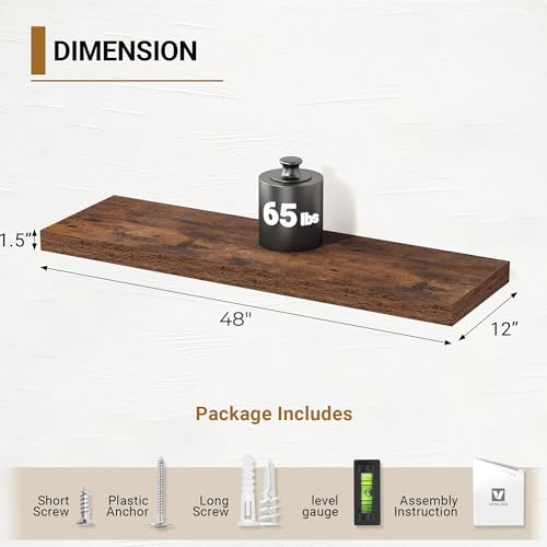 Vivelove Deep Floating Shelves, 48 X 12 Inch, Rustic Brown, 2 - color: Rustic Brown, size: 48”wx12”dx1.5”h