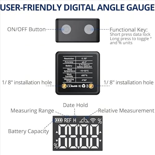Mini Digital Angle Finder,0.05° Magnetic Inclinometer,USB-C Rechargeable