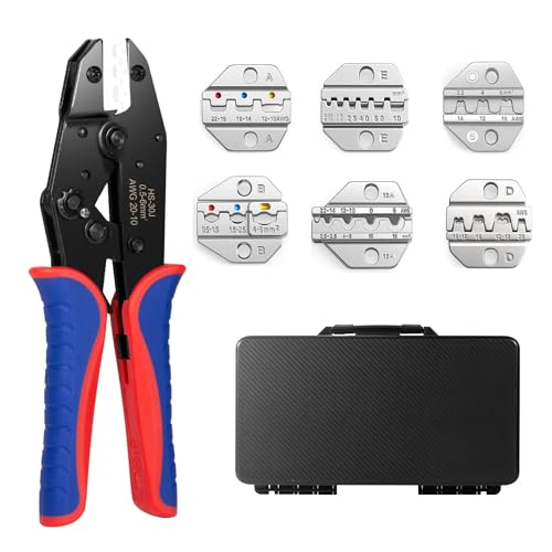 6Pcs Crimping Tool, Ratchet Wire Crimping Tool Set, for Heat Shrink, Insulated Nylon, Ferrule Wire End, Non-Insulated, Open Barrel Terminals, Solar Connectors, with Storage Box