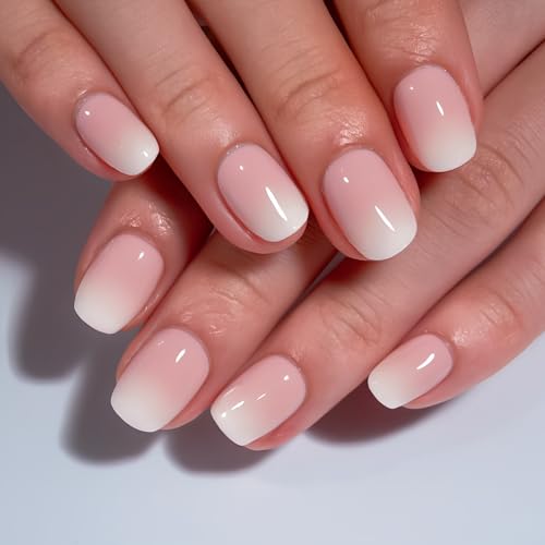 CurvLife Extra Short Square Ombre Press On Nails, Nude White PInk, Soft Gel - color: A3 -Gradual nude white