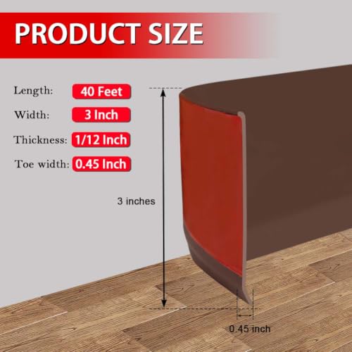 FONUNO Vinyl Wall Base Rubber Baseboard Molding Trim Self Adhesive 3" Wide - color: Brown, size: 3in x 40ft