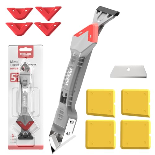 5 in 1 Caulking Tool with 5 Silicone Pads and 4 Glass Glue Corner Scrapers, Caulk Remover Tool with Replacement Blades and Unclogging Needle, Caulking Removal Tool for Kitchen Bathroom - size: 5 in 1